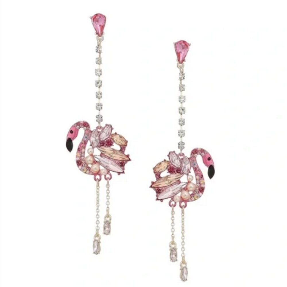 Betsey Johnson Flamingo Crystal dangle Earrings NWT